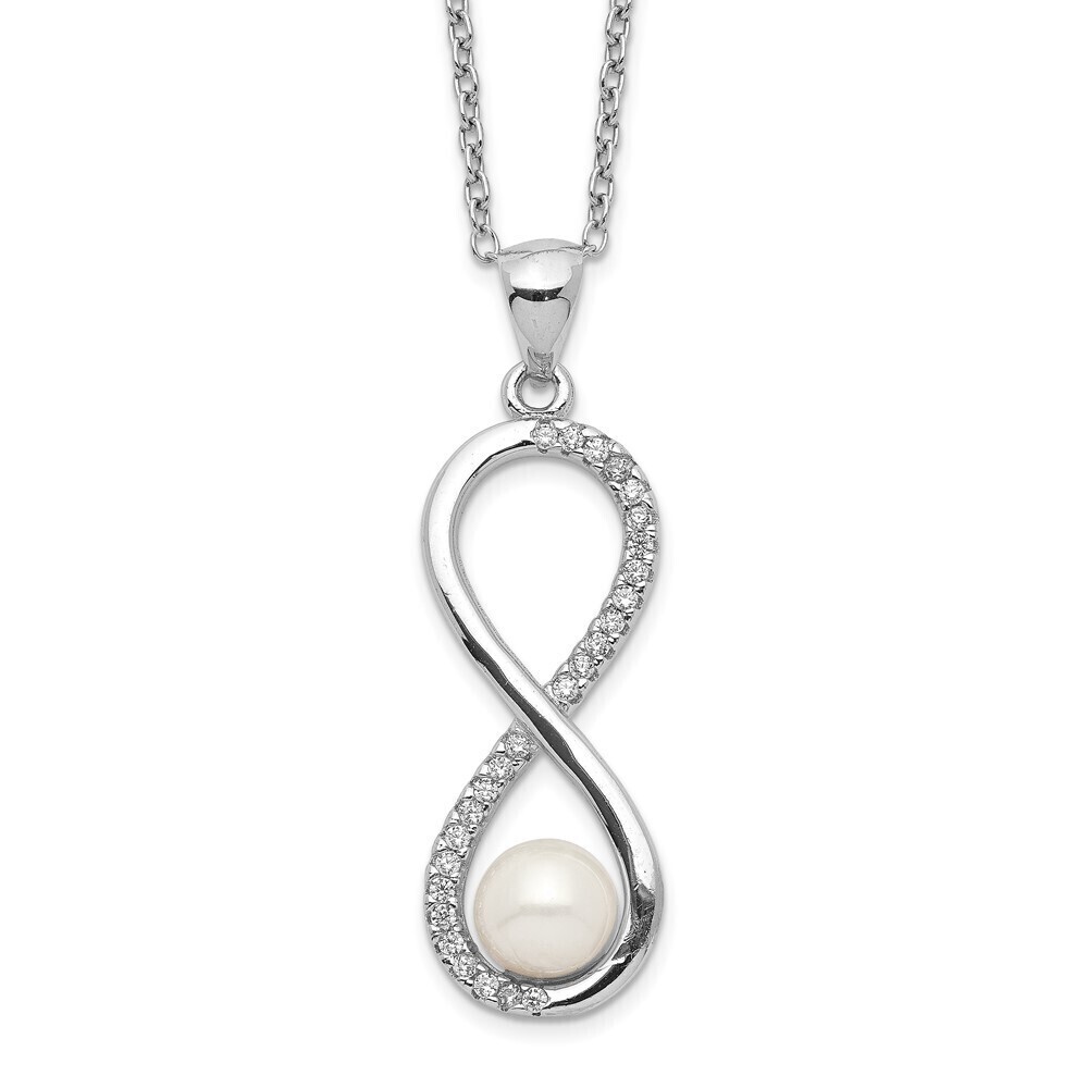 Kazi Luxury Silver Rhodium-plated 5-6mm Round FWC Pearl CZ Infinity Necklace